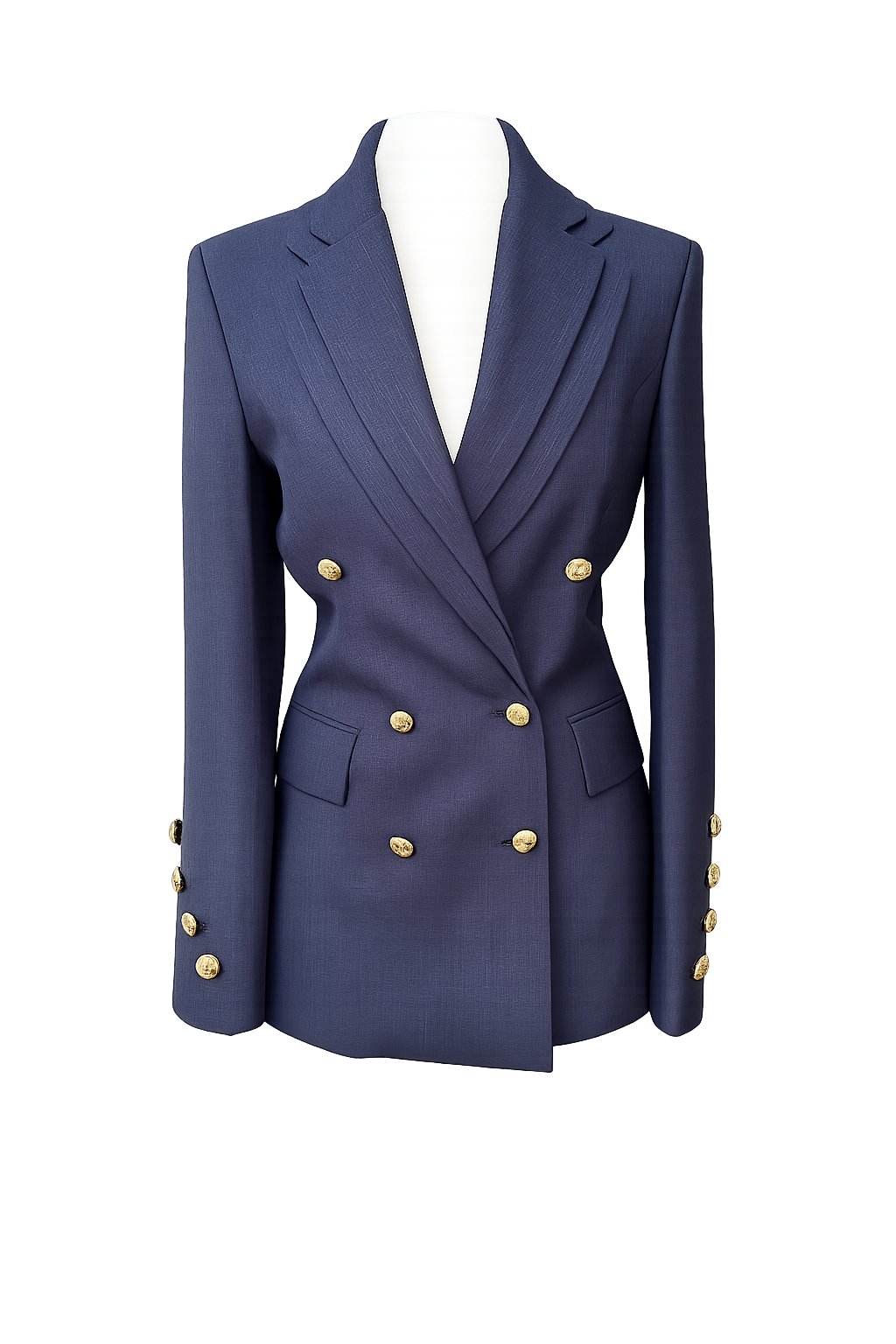 Navy blue blazer with gold buttons on a white background