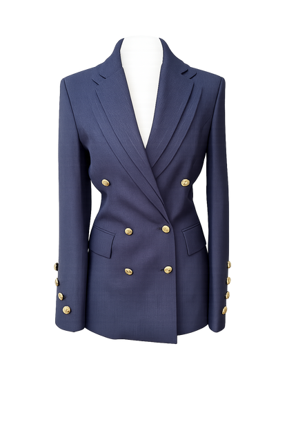 Navy blue blazer with gold buttons on a white background