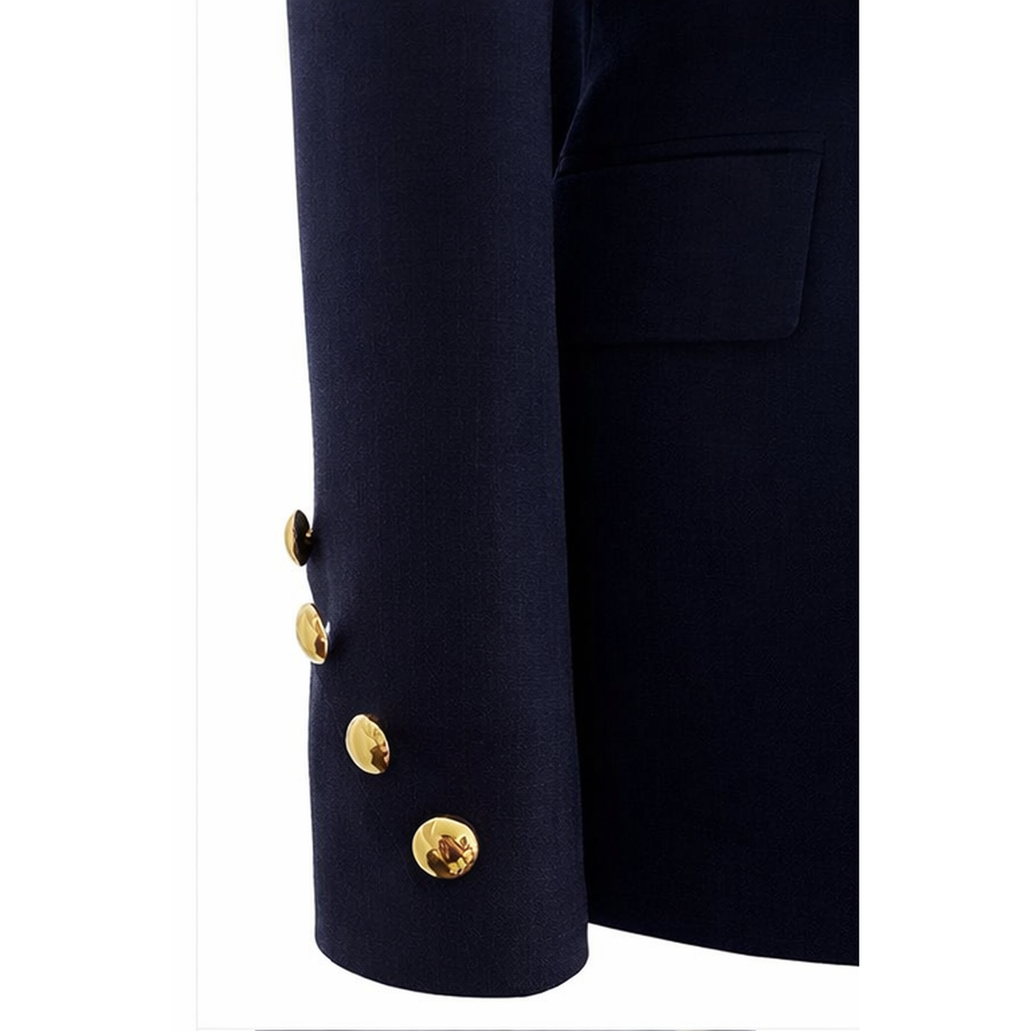 Navy blue blazer with gold buttons on a white background