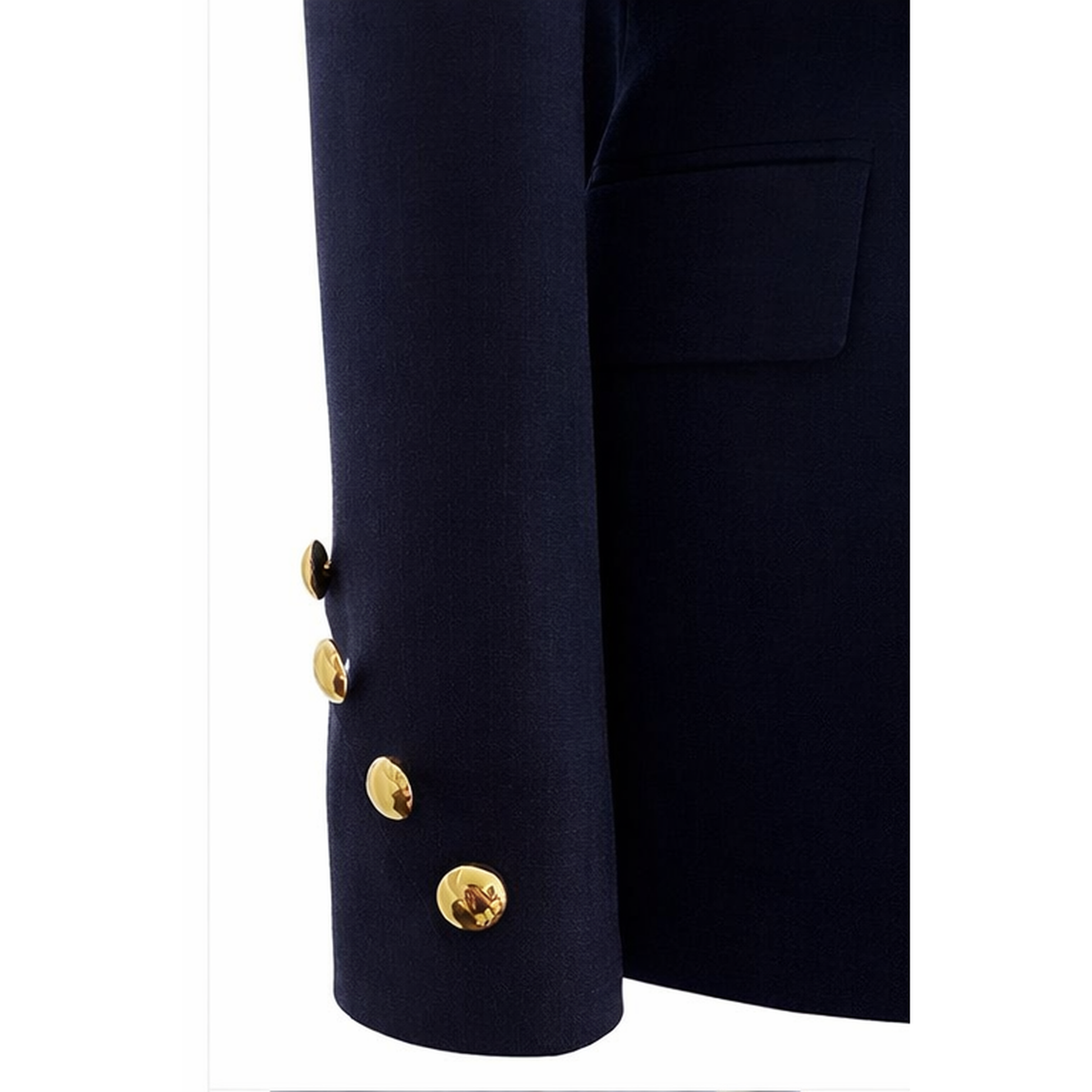 Navy blue blazer with gold buttons on a white background