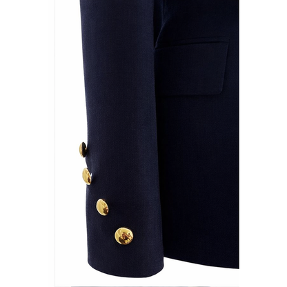 Navy blue blazer with gold buttons on a white background